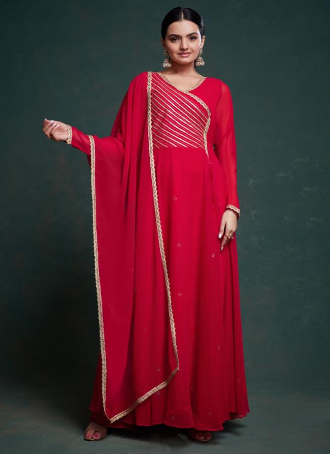 Georgette Red Party Wear Solid Readymade Gown With Dupatta